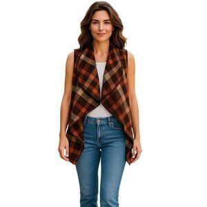 Favlux Brown Plaid Waterfall Vest Large Sleeveless Open Front Fall Layering